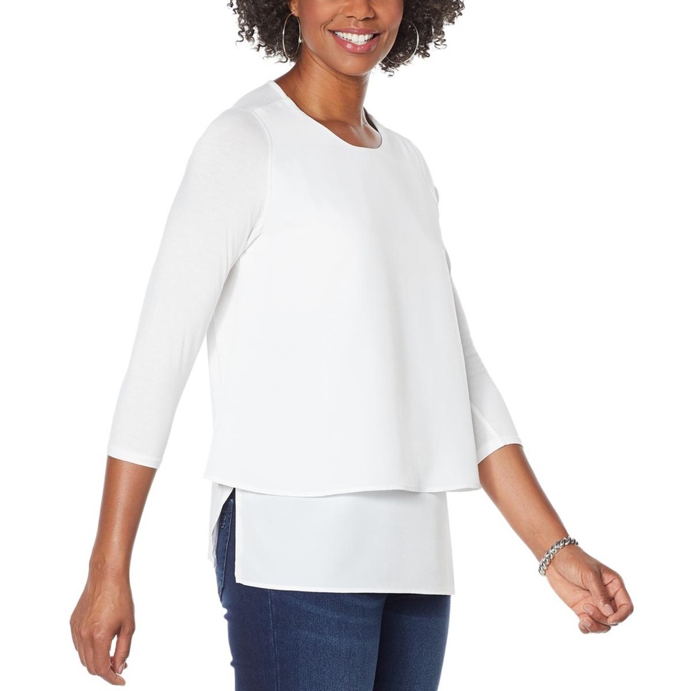 DG2 by Diane Gilman Double‎ Layer Woven Knit Mixed Media 3/4-Sleeve Easy Tee